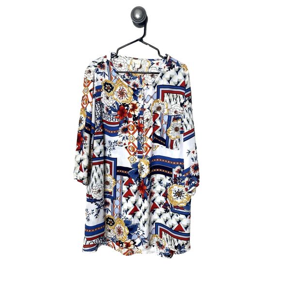 Anthropologie Fig and Flower Women's Tunic Blouse Plus 2X Floral Red Blue White - Picture 1 of 15